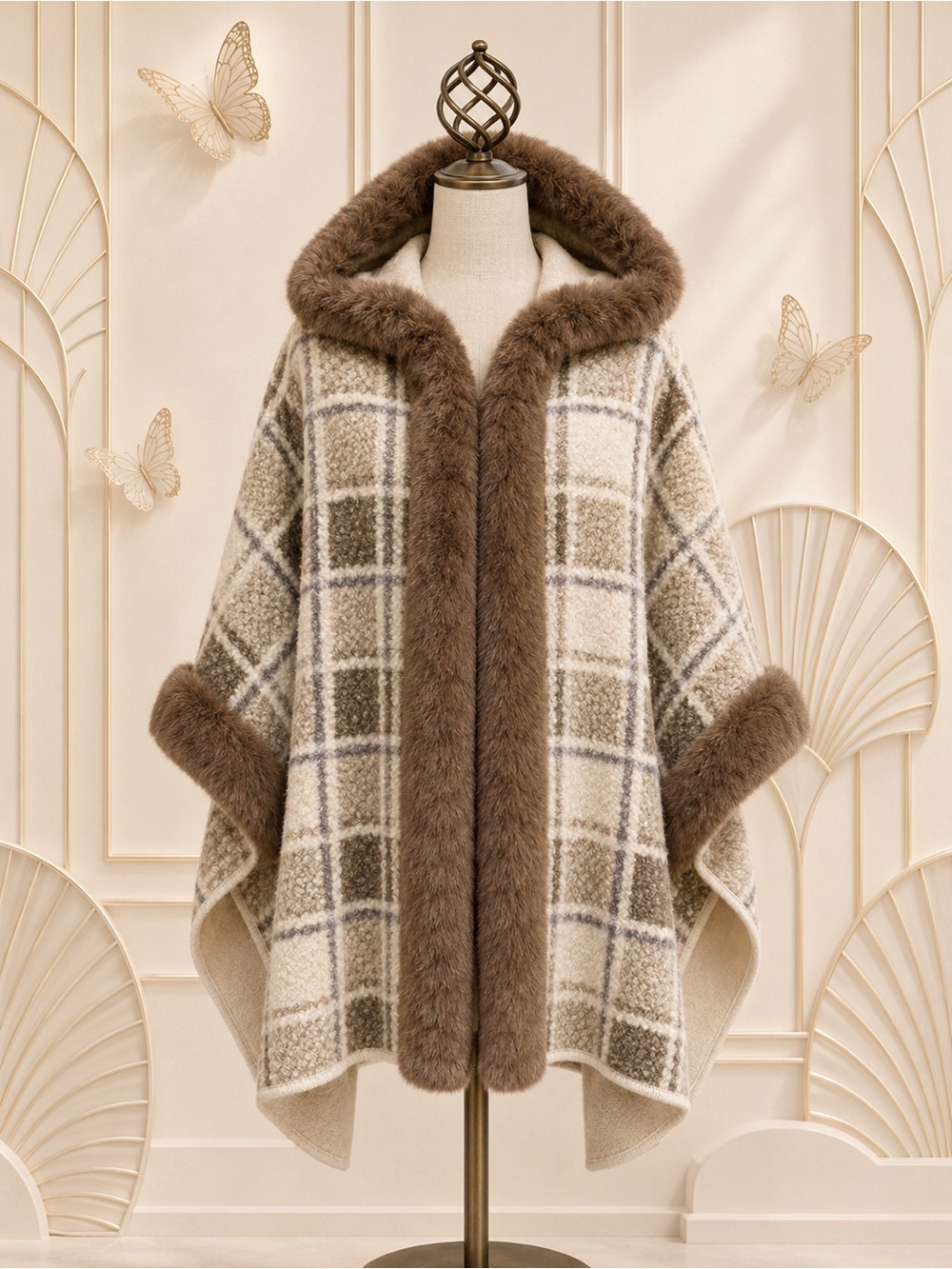 🆕😍 LUV!Luxury Plaid Faux-Fur Trim Hooded CapeletBrown/Cream